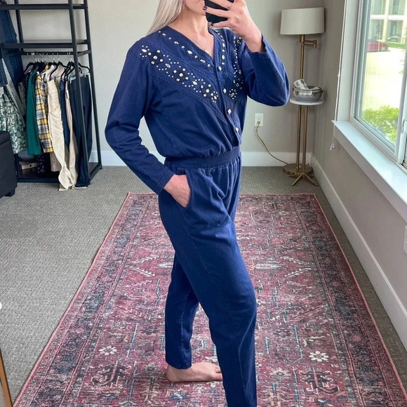 Vintage 80’s Western Bedazzled Jumpsuit Navy Blue small - Picture 11 of 12